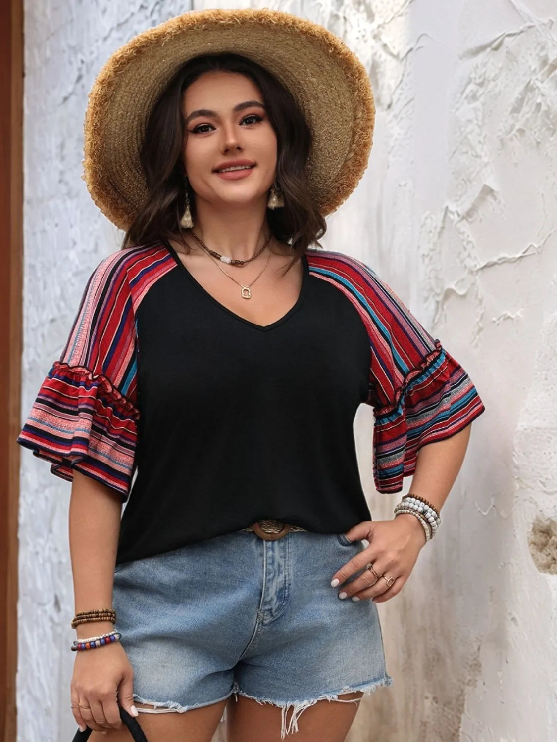 Plus Size V-Neck Flounce Sleeve Top Black d2f37159-3044-438d-ba0a-fde67b187054-Max-Origin
