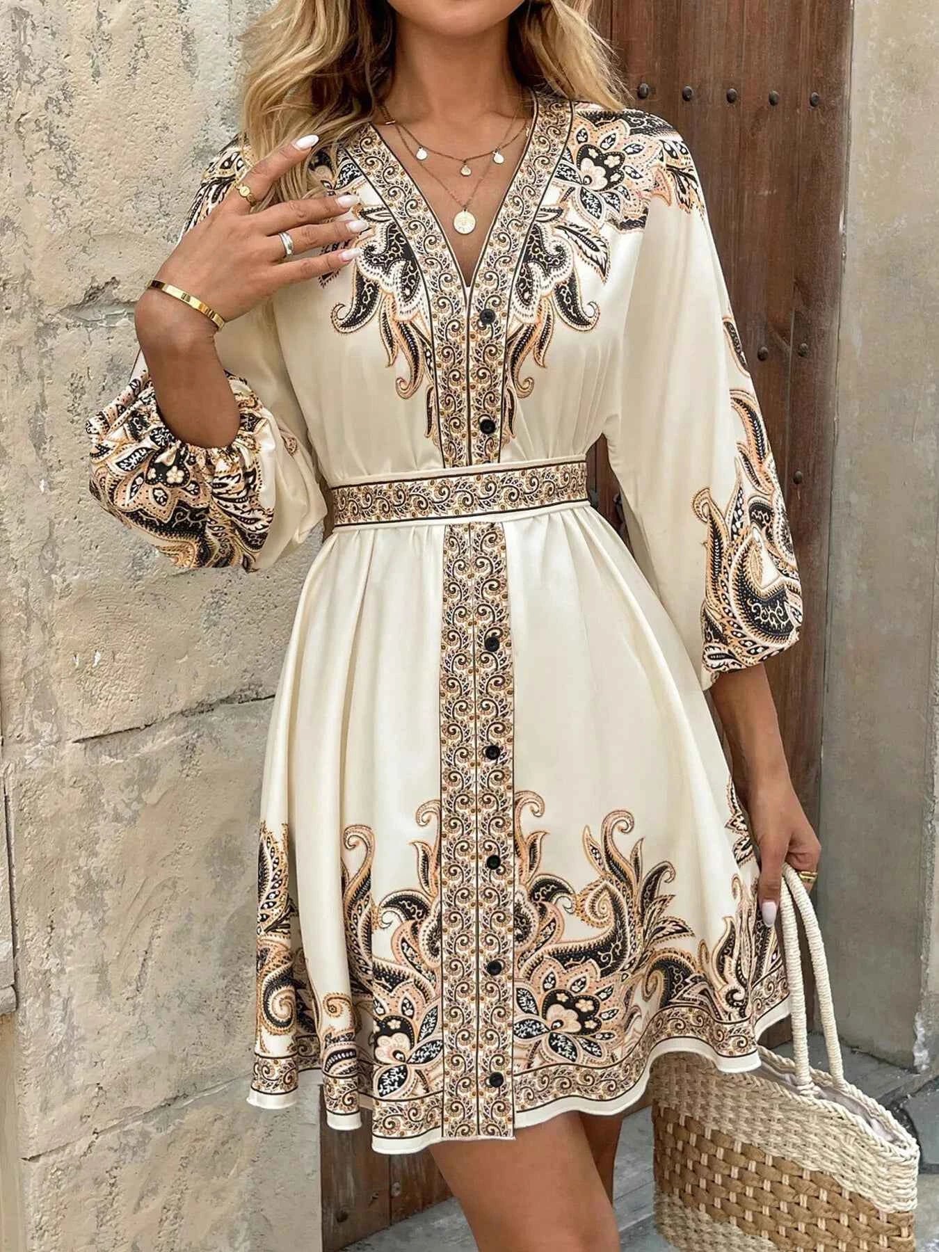 Printed Balloon Sleeve Mini Dress Cream d30ba21299d249f3886e28ff9b6f2fb6-Max-Origin