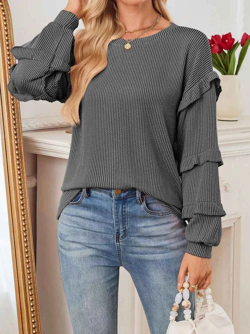 Round Neck Ruffled Long Sleeve Sweatshirt d3510949d6a344f0b494904fb215e399-Max