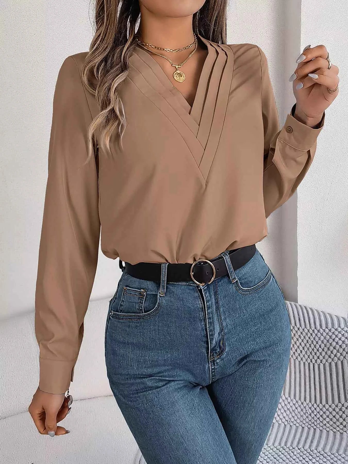 Layered V-Neck Long Sleeve Blouse Mocha d3d0a4d4-604e-420c-938a-60808d95aa99-Max-Origin