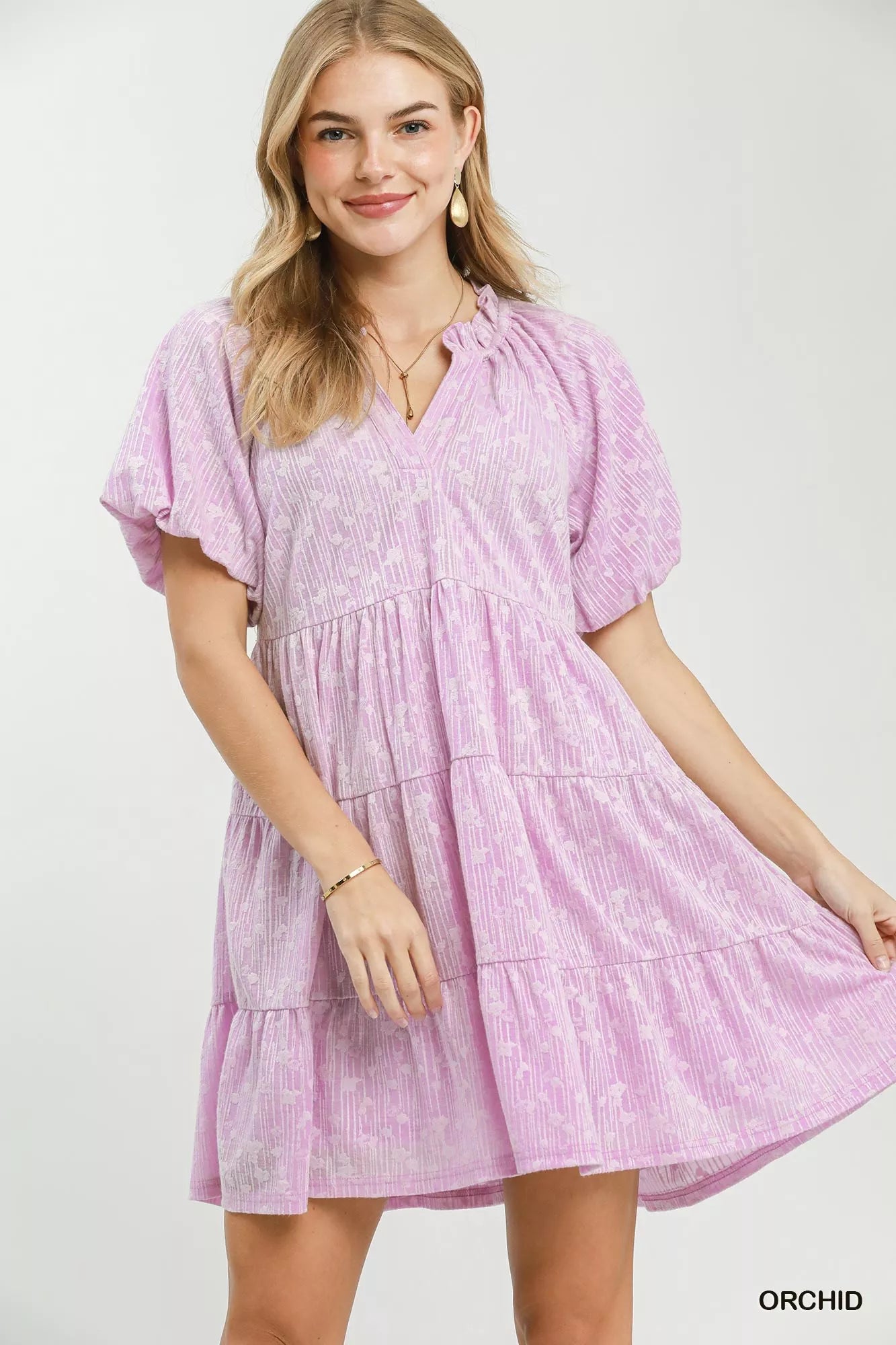 pink multi jacquard puff sleeve darcy mini dress Hyacinth House
