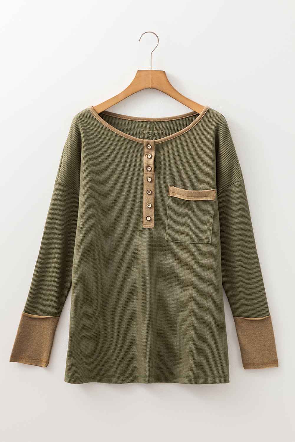 Vineyard Green Waffle Textured Patchwork Tunic Henley Top