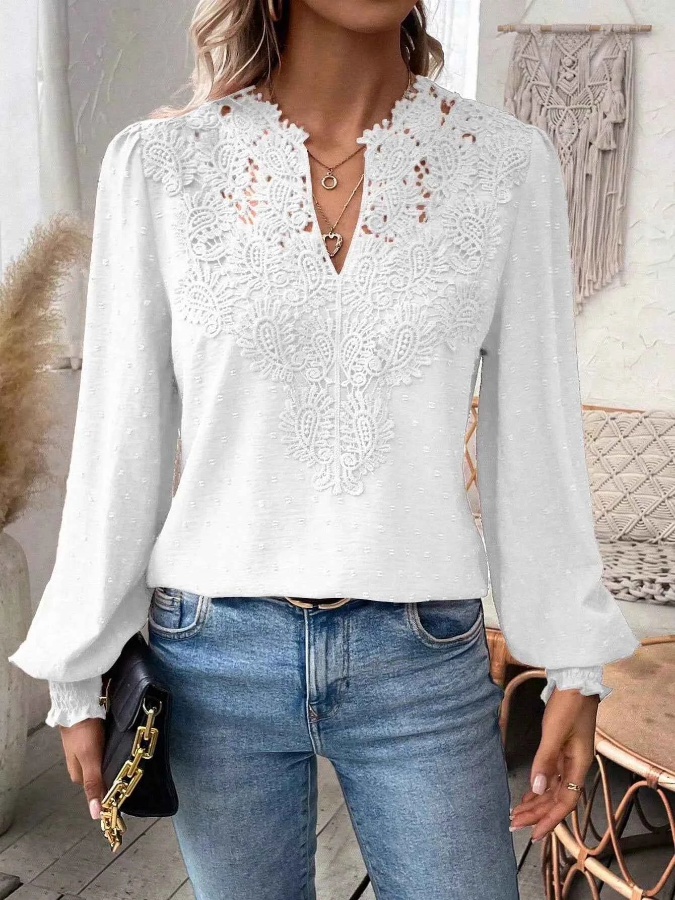 Swiss Dot Lace Detail Long Sleeve Blouse White d4cae221-4aef-4e17-b306-1cb2fcd79bb5-Max-Origin