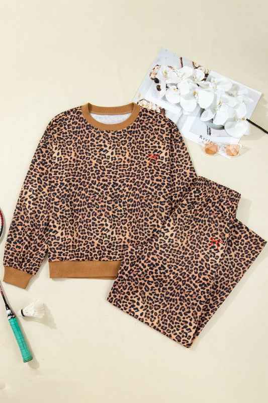 Leopard Bow Embroidered Pullover and Pants Set Khaki d5c2ee08-b0d7-4019-8a39-f2517cc06c2a