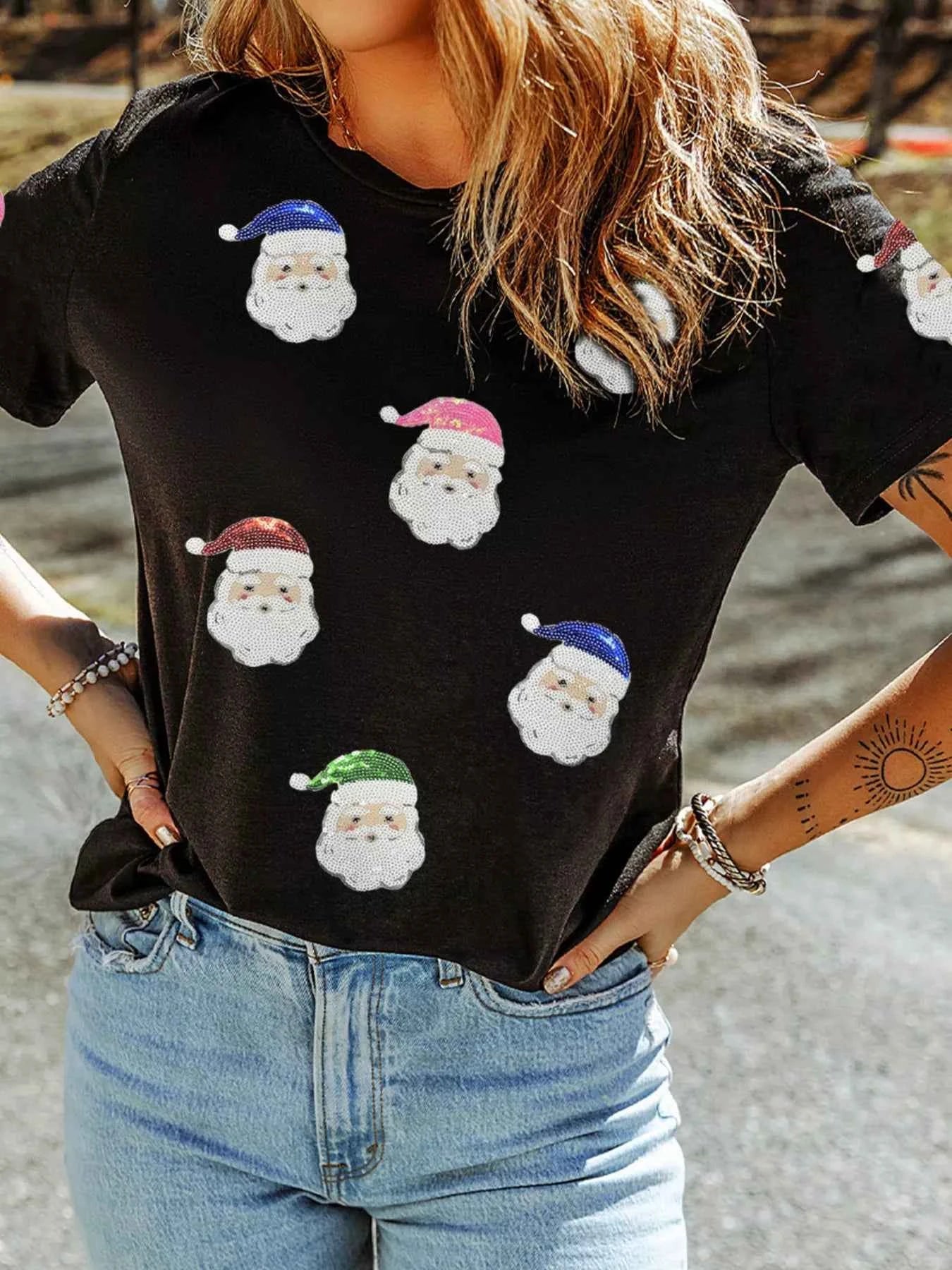 Christmas Santa Sequin Short Sleeve T Shirt d5d43435b3e64ab68e6b2f1e1bbbfea7-Max-Origin