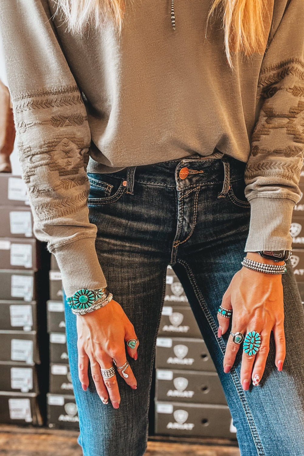 Parchment Geometric Embroidered V Neck Sweatshirt d5e7a46621ce7d3d