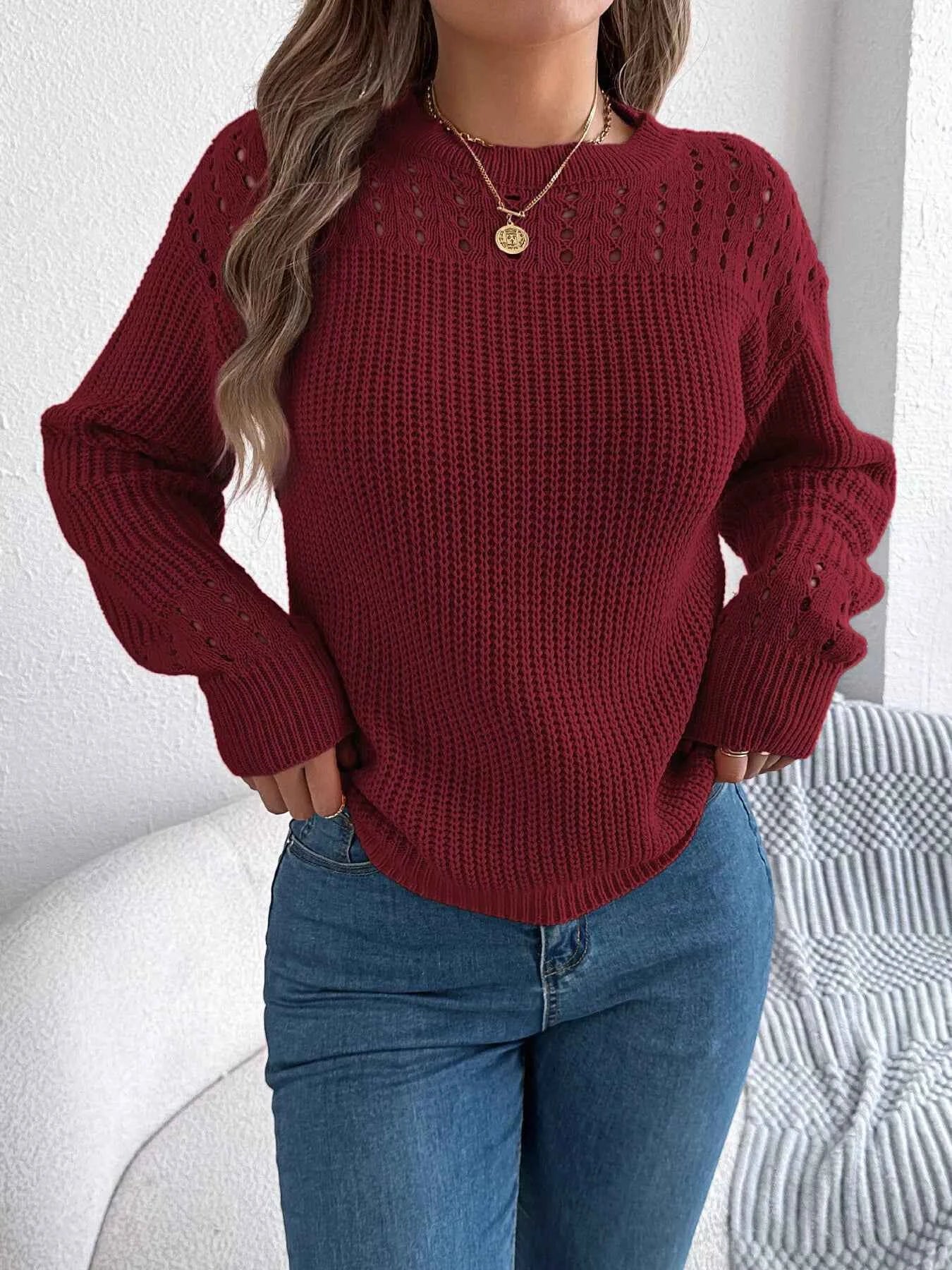 Openwork Round Neck Long Sleeve Sweater d6421765082e4bacafe81e5336d10578-Max-Origin