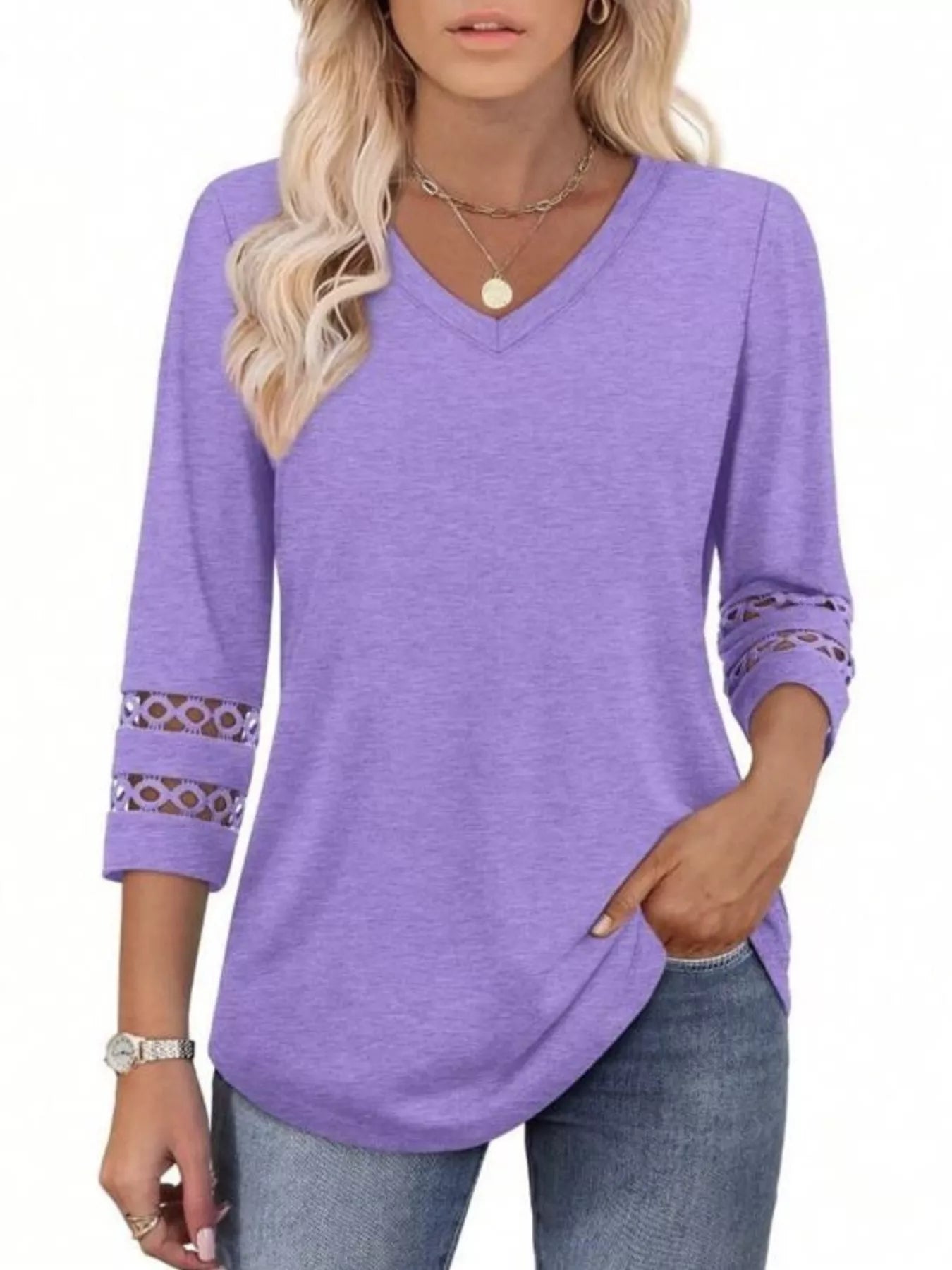 Full Size V-Neck 3/4 Sleeve T-Shirt Plus Size Lavender d6890601d64c4d3188b334c02b0a62b9-Max-Origin