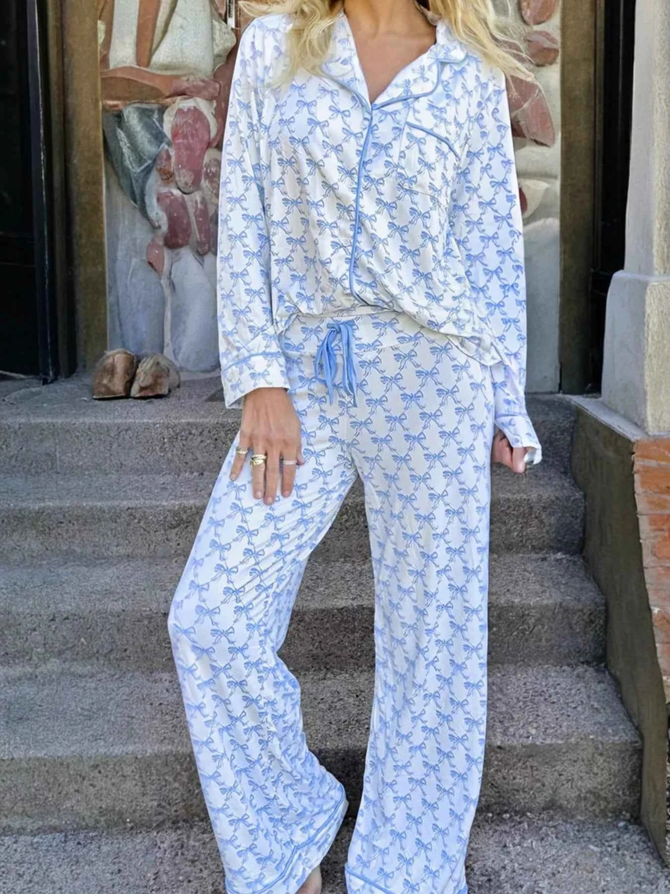 Bow Print Long Sleeve Shirt and Pants Pajama Set Light Blue d70502362708407a8e06563abeed44b7-Max-Origin