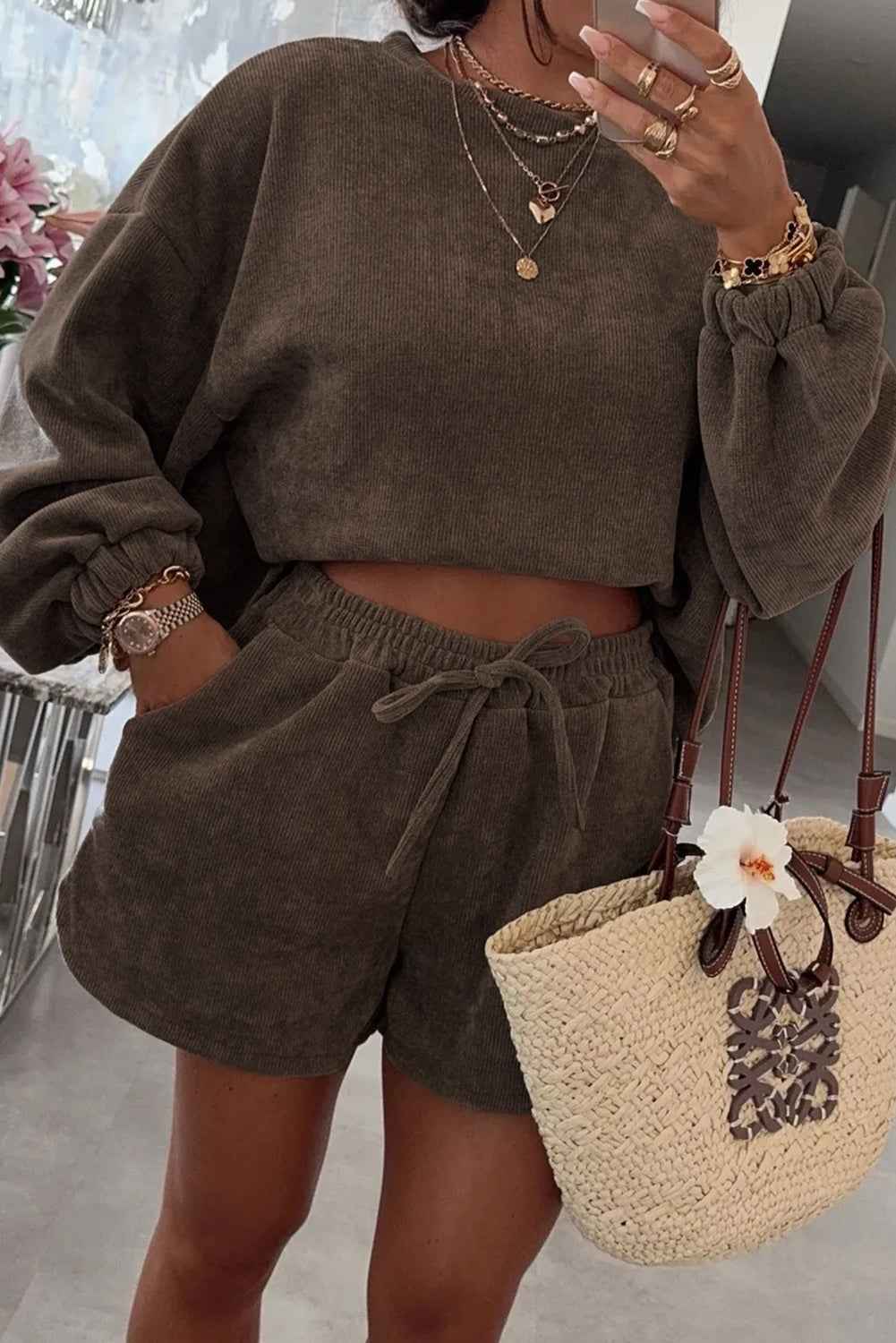 Fushia Textured Knit Drop Shoulder Pullover Drawstring Shorts Set