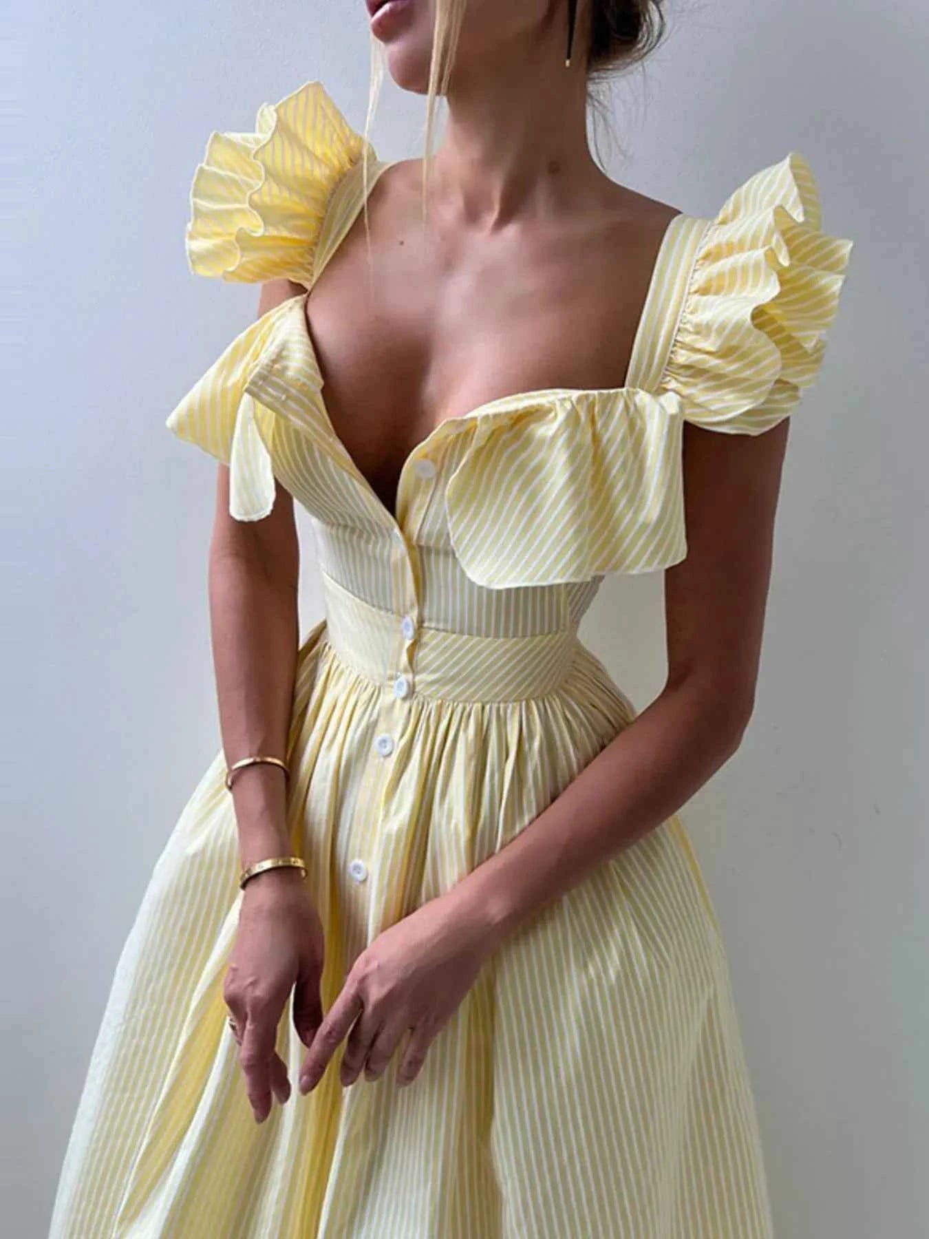 Ruffled Striped Square Neck Dress Pastel Yellow d72cda12-25ca-4bc3-8c9a-ace4d8e1fd0f-Max-Origin