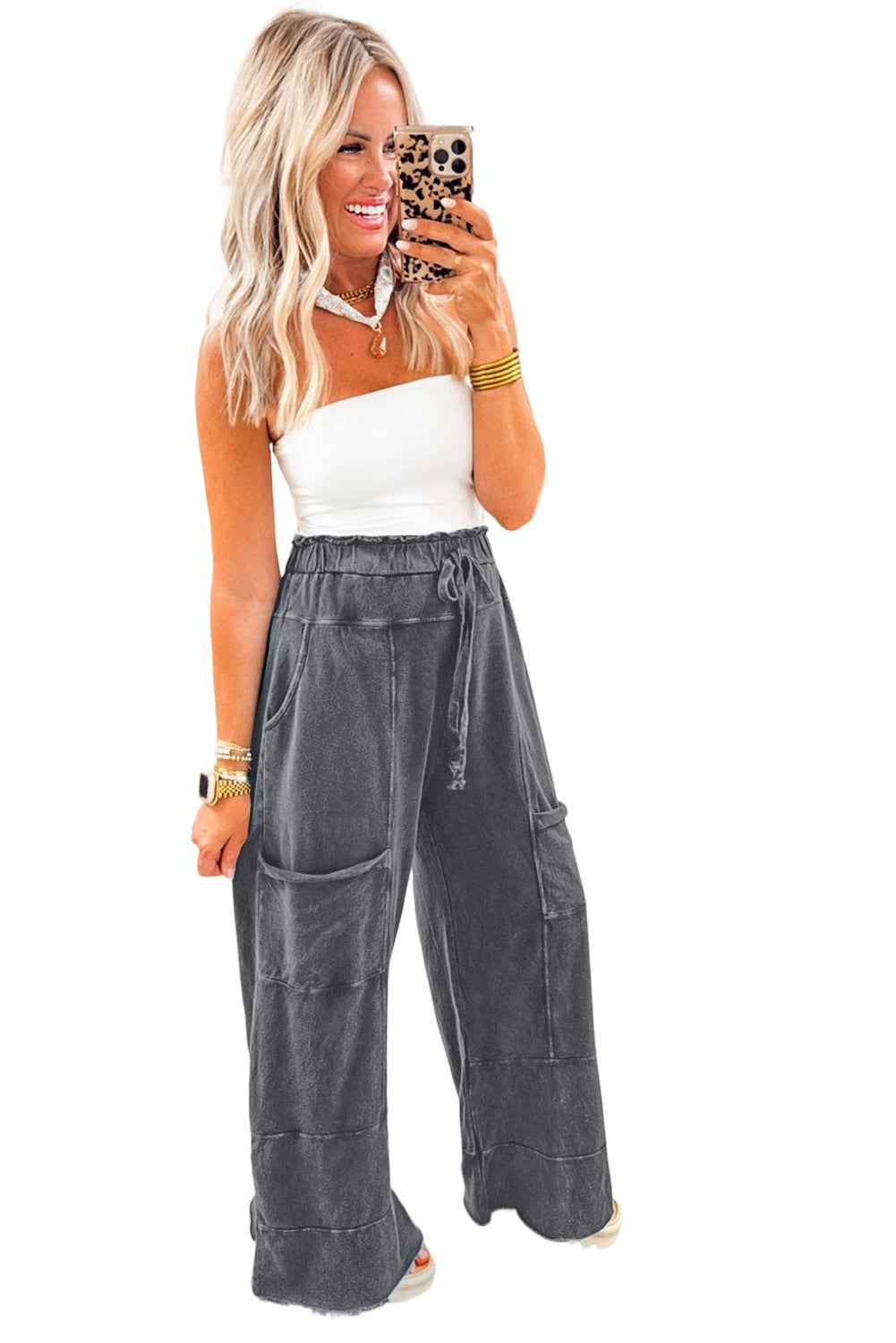 Medium Grey Mineral Wash Knot High Waist Raw Hem Pants d7394bf237e4b33f