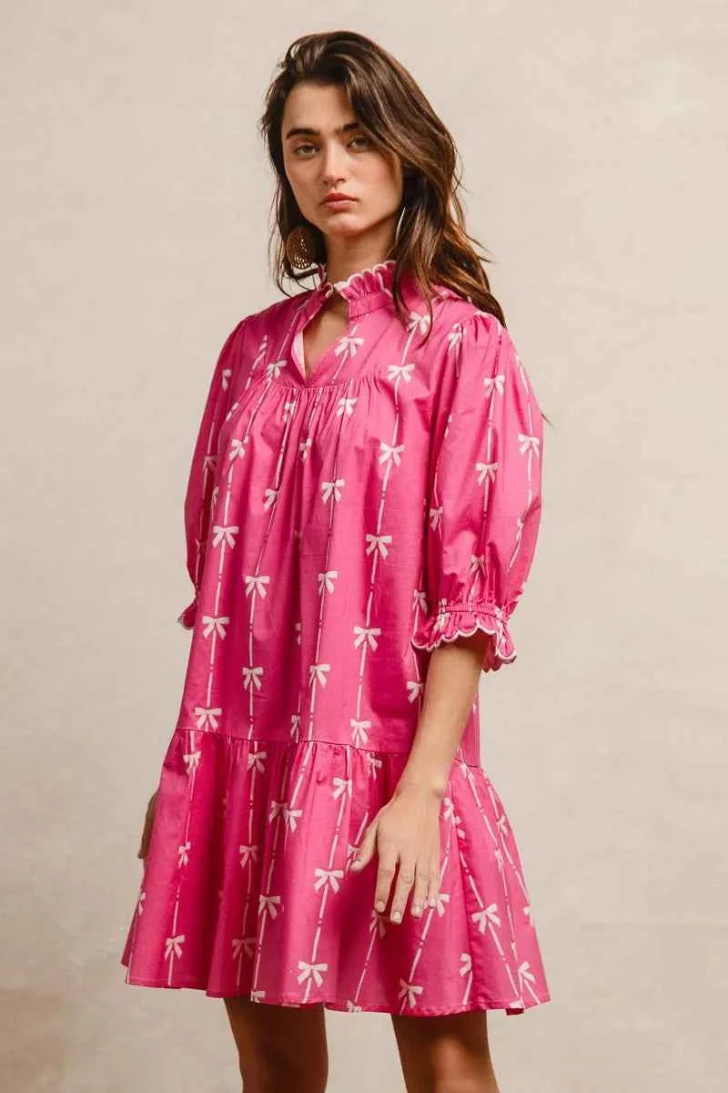 BiBi Ribbon Patterns With Scallops Edge Details Short Sleeve Dress FUCHSIA d73c5532ec5341779b5cfcc4d1b03b61-Max-Origin