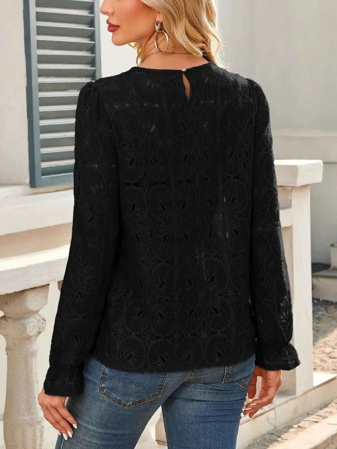 Openwork Flounce Sleeve Top d74f0fa9d4e04828b2455a80fed5e9b9-Max-Origin