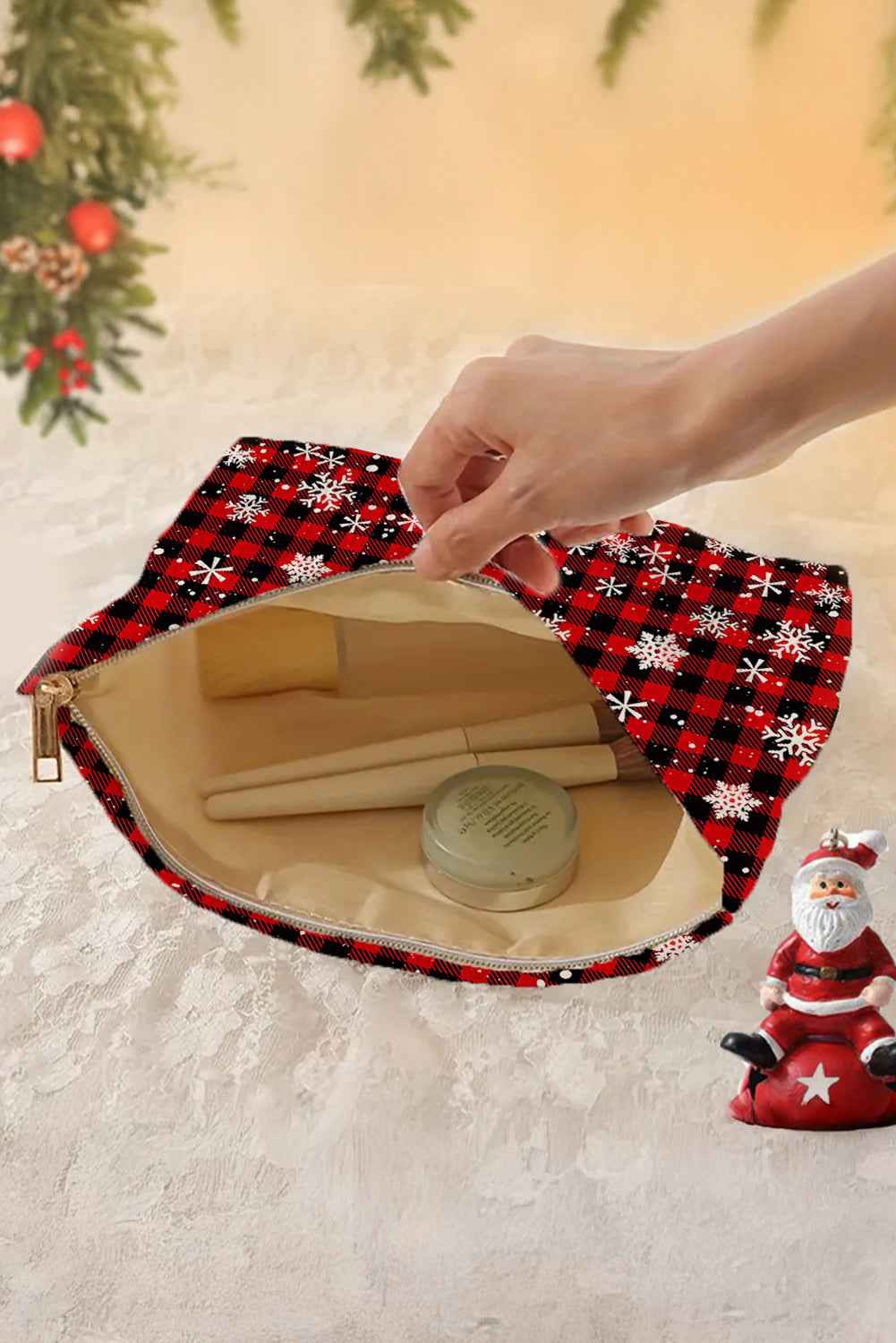 Fiery Red Plaid Christmas Snowflake Print Cosmetic Bag