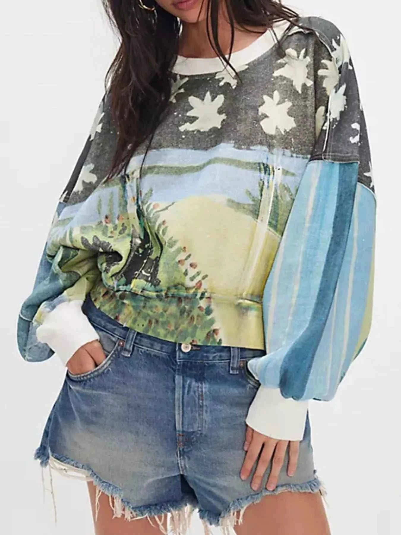 Printed Round Neck Dropped Shoulder Sweatshirt Blue d7eabab5-ae05-4830-90b9-807e6c7319d2-Max-Origin