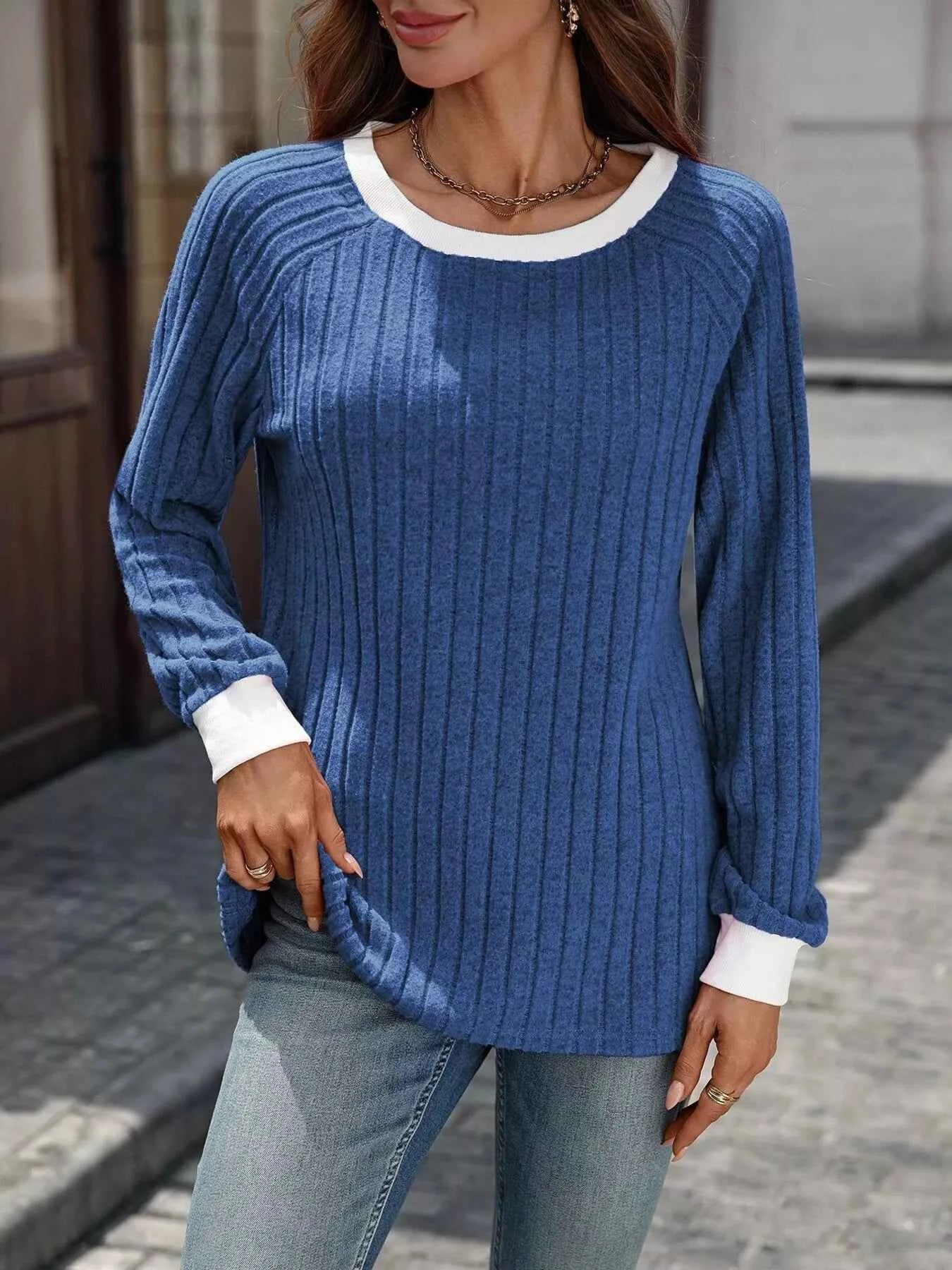 Ribbed Round Neck Raglan Sleeve Knit Top Blue d8c2e1e6188d415384335662c23db165-Max-Origin