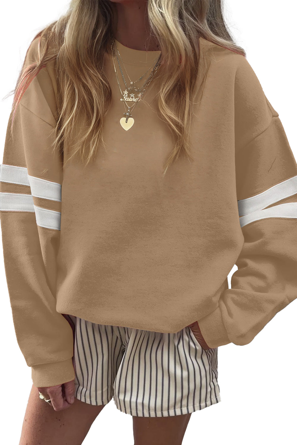 White Preppy Striped Sleeve Loose Sweatshirt Light French Beige 65%Polyester+35%Cotton d91e3bcd3f079326