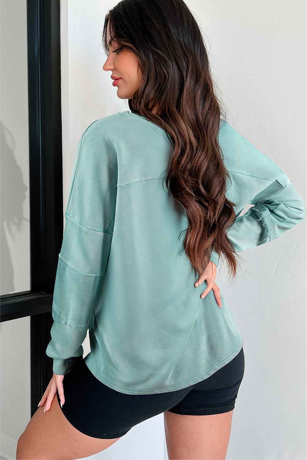 Mist Blue Mineral Wash Exposed Seam Buttoned V Neck Pullover Top