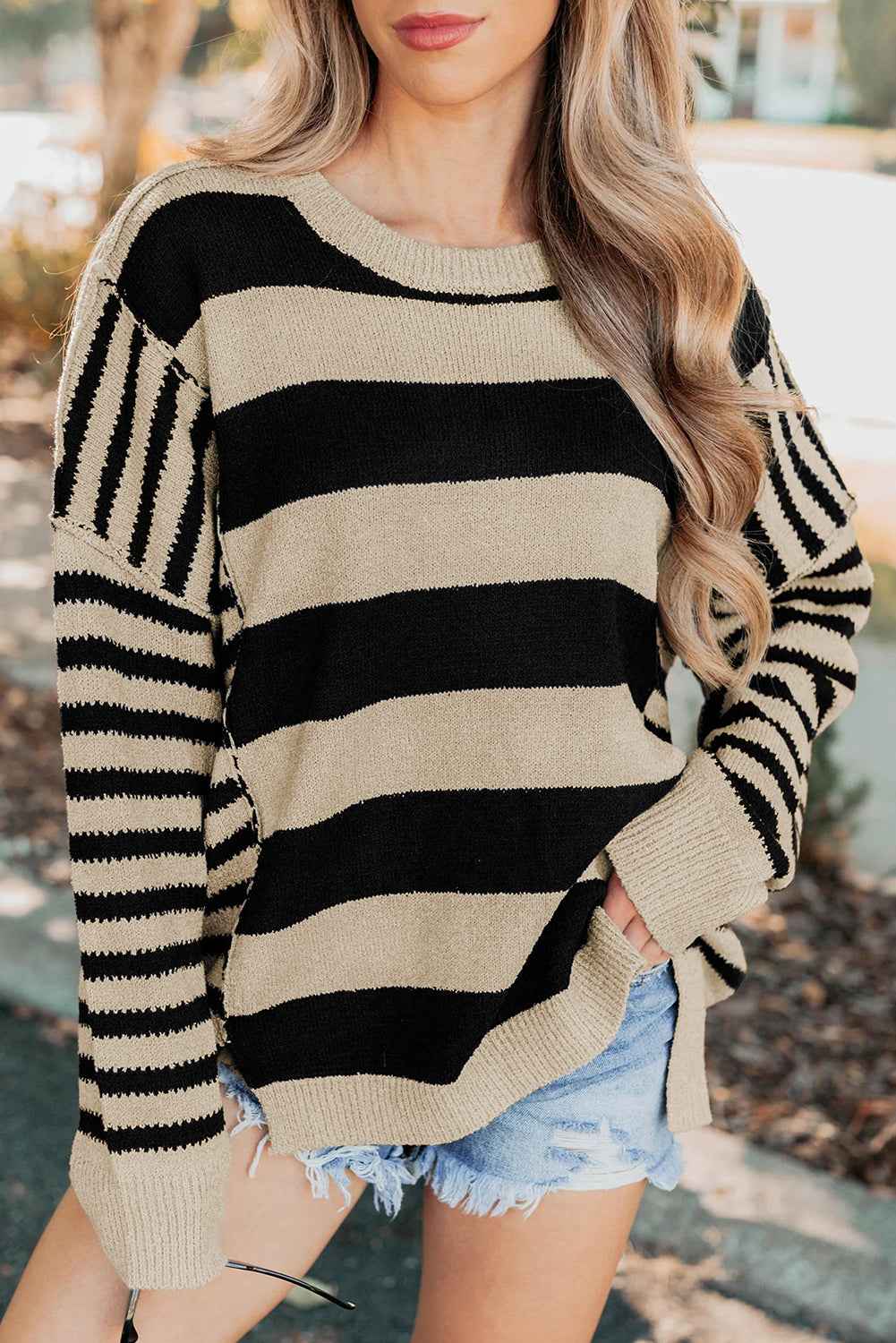 Brown Stripe Drop Shoulder Sleeve Patchwork Baggy Sweater Black Stripe 100%Acrylic d958a5edec238d10