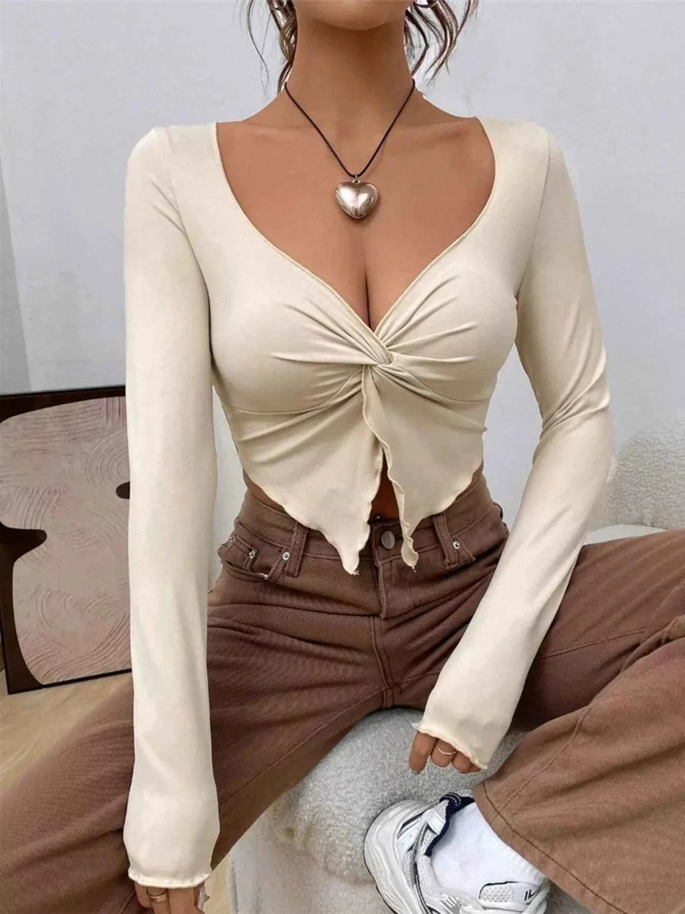Twisted Front Long Sleeve T-Shirt Beige d96af67b734d457f8df48d12697e9674-Max-Origin