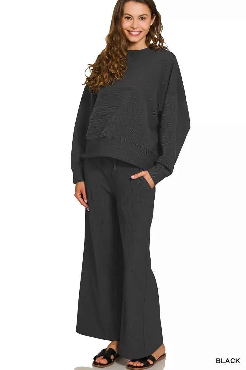 Zenana Ribbed Round Neck Pullover and Drawstring Pants Set BLACK d98276173f044d0abc6e7867515c3c87-Max-Origin
