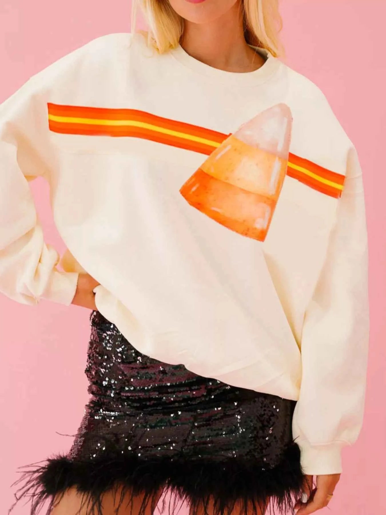 Halloween Sequin Round Neck Sweatshirt Apricot Candy Strips da043848-6915-4fc3-9886-73d932063e98-Max-Origin