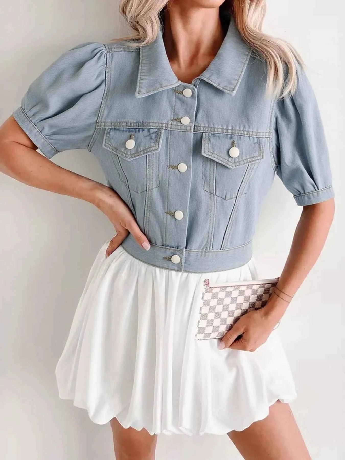 Button Up Puff Sleeve Cropped Denim Jacket da17f7e478b74b12a3aa4ec47841f6c2-Max-Origin