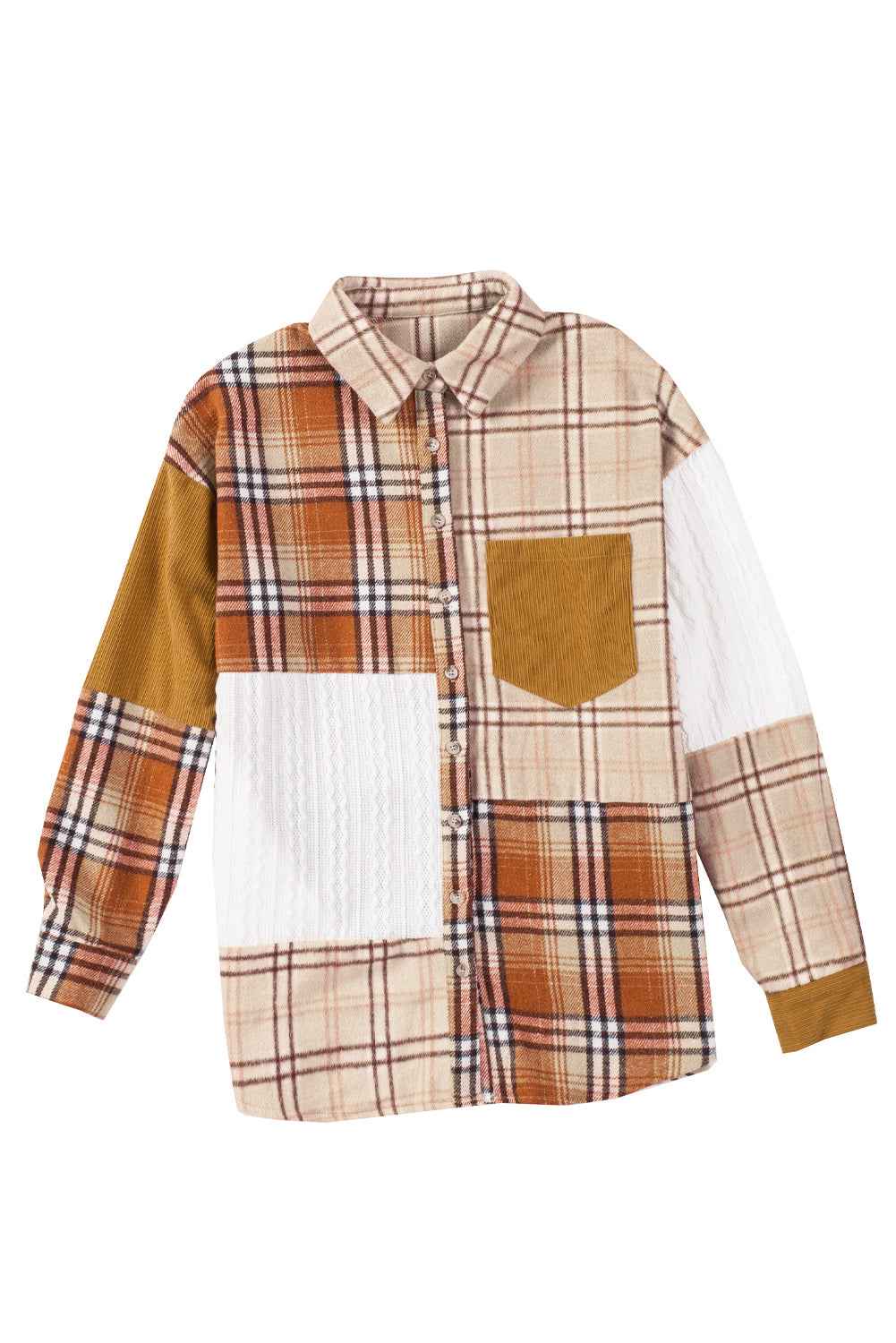 Orange Plaid Color Block Patchwork Pocket Shirt Shacket da274a3fb2ff94c2