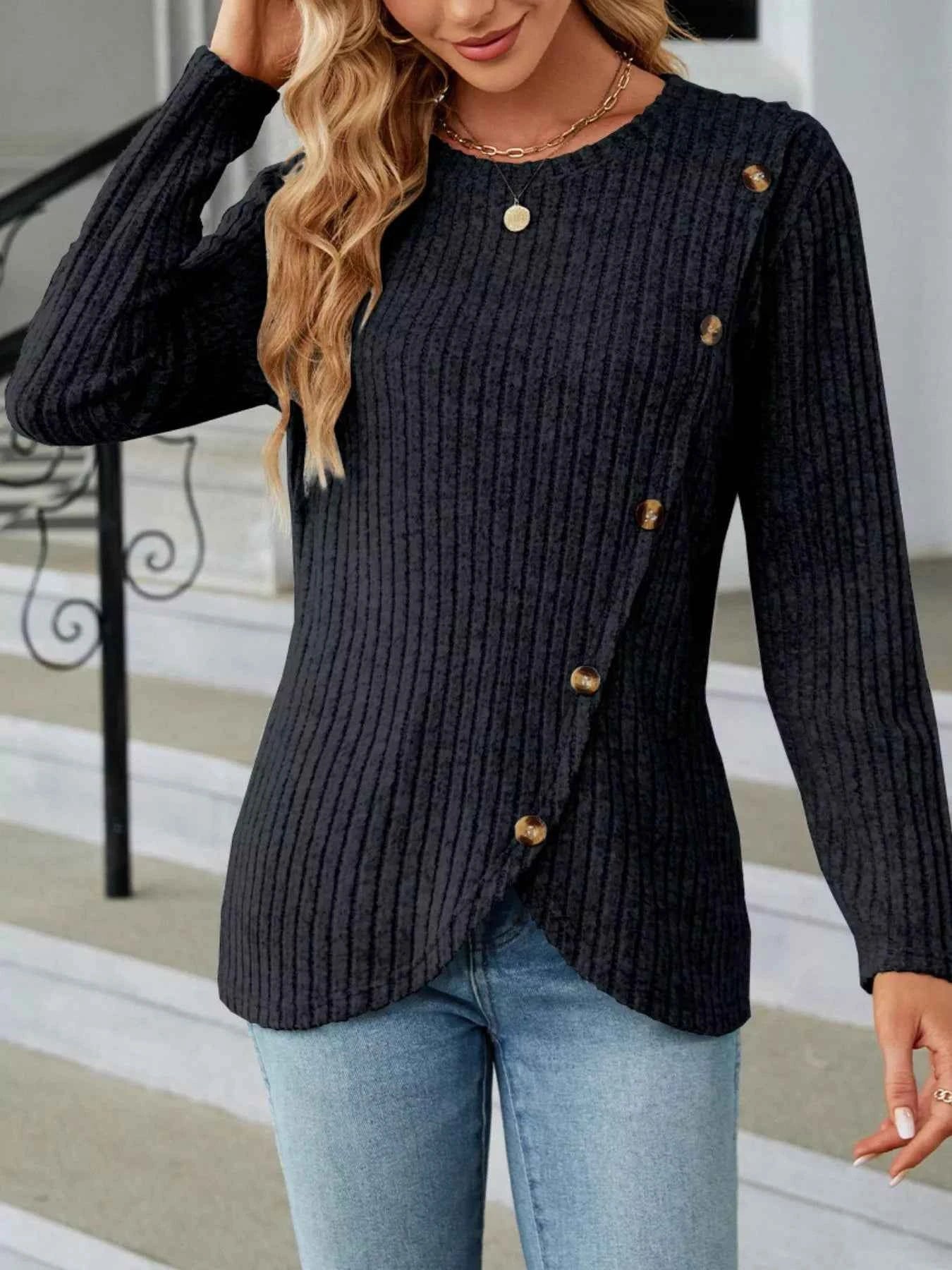 Ribbed Knit Decor Button T-Shirt Black Forest da6eed46-4b7b-4f34-9c99-47223aac45b3-Max-Origin
