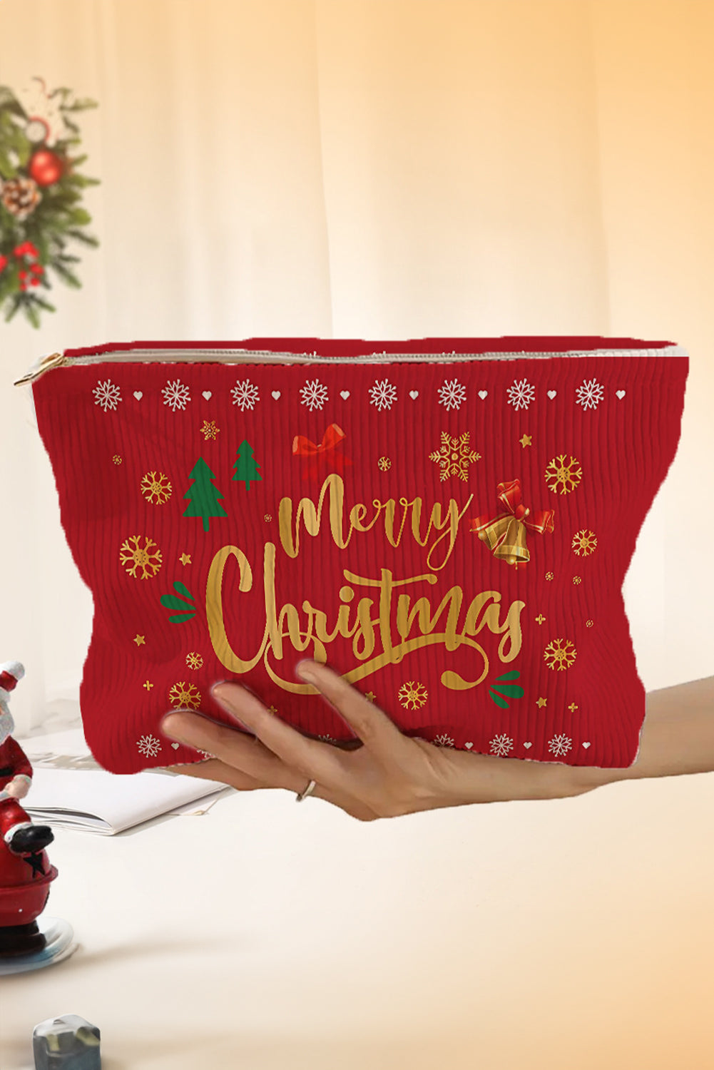 Pink Christmas Santa Claus Corduroy Zip Up Cosmetic Bag