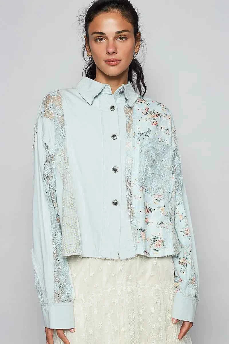 POL Floral Long Sleeve Shirt with Lace Panel Details Pastel Blue dacefeea-3b17-43f8-8450-a6c0bcbde3b6-Max-Origin