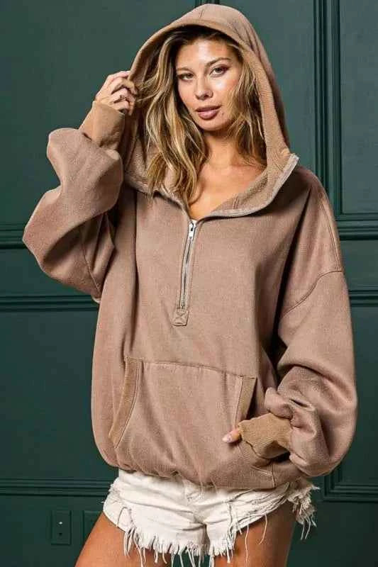 BiBi Stitch Detailed Elastic Hem Half Zip Fleece Hoodie MOCHA dade6c81-dba9-47f0-be90-d872e7f5d335-Max-Origin