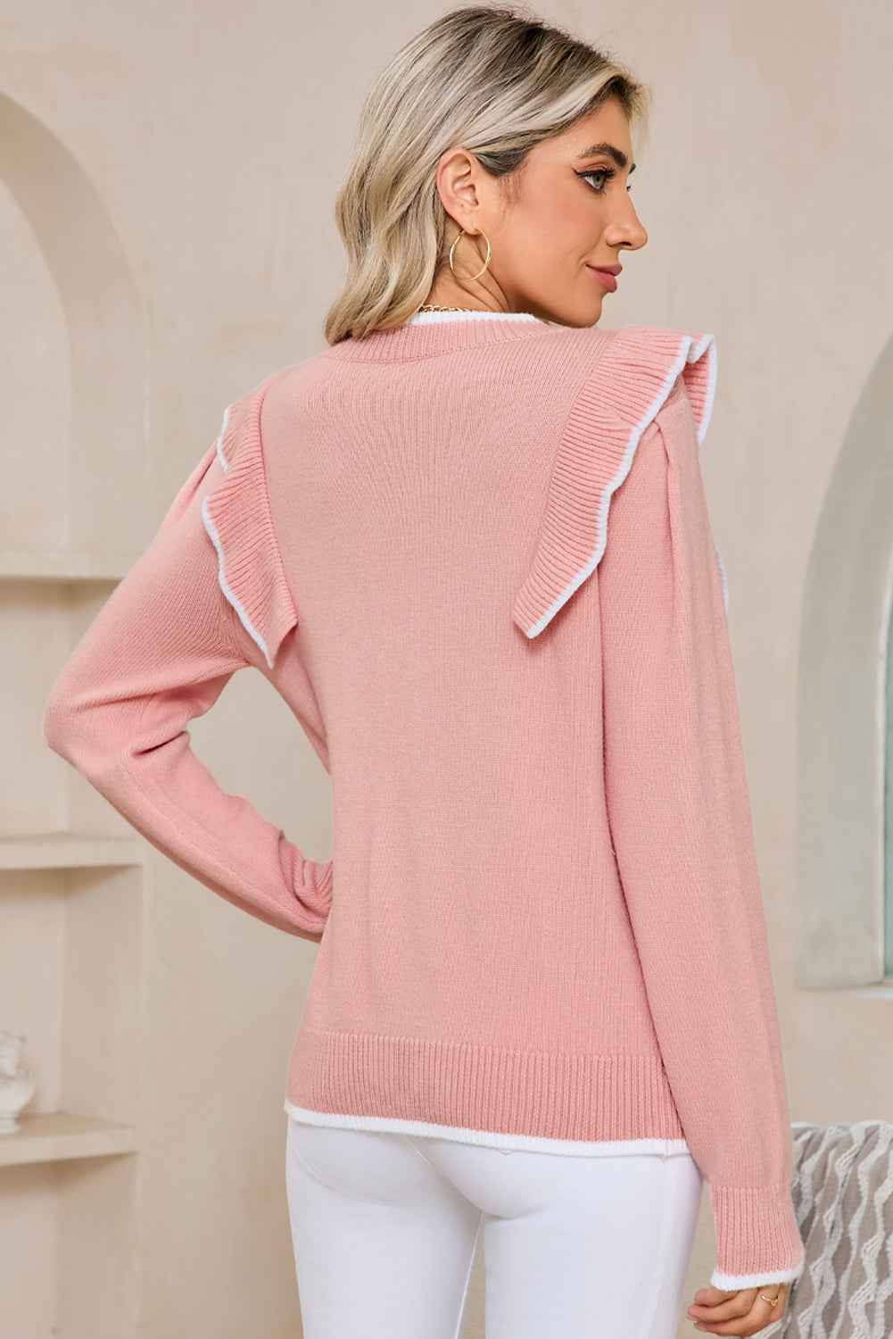 Light Pink Bow Detail Contrast Trim Ruffle Sweater db06e39e5c87c081