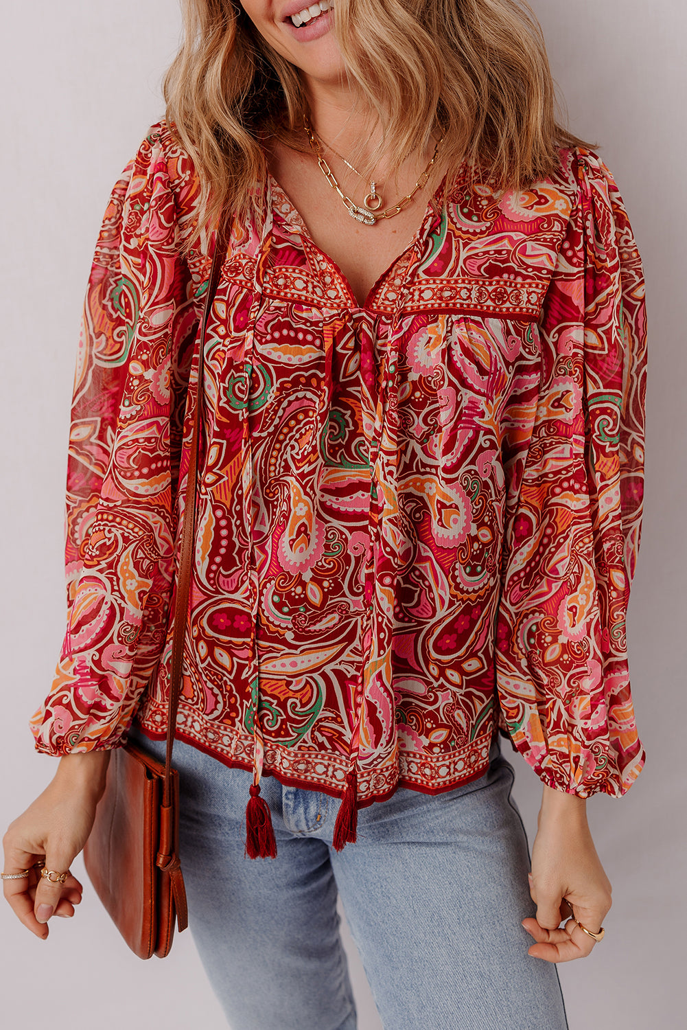 Multicolour Ethnic Paisley Print Tassel Tie Puff Sleeve Boho Blouse Multicolour 100%Polyester db291bc424e2e30b
