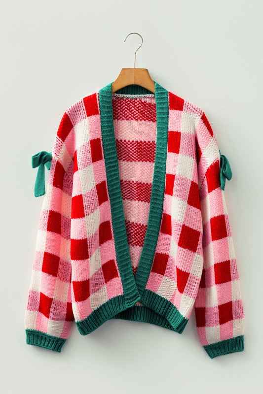 Plaid Bow Open Front Sweater Knit Cardigan Pink db2ab7a8-0080-49b3-b92e-6edea6e4a0a1