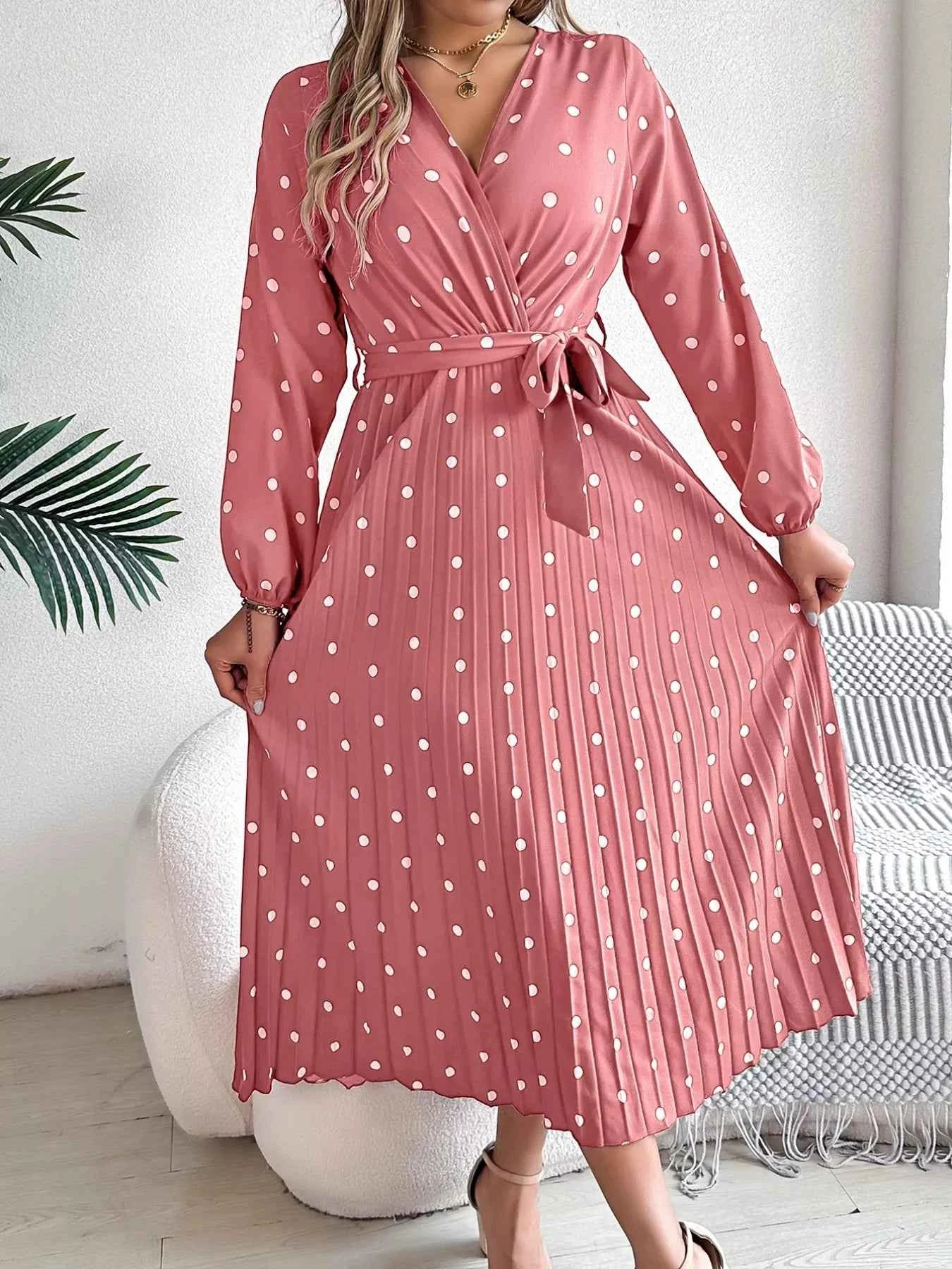 Front Tie Polka Dot Midi Pleated Dress Dusty Pink db762b06-7ab6-4e6b-bfd8-0a38b16fe7db-Max-Origin