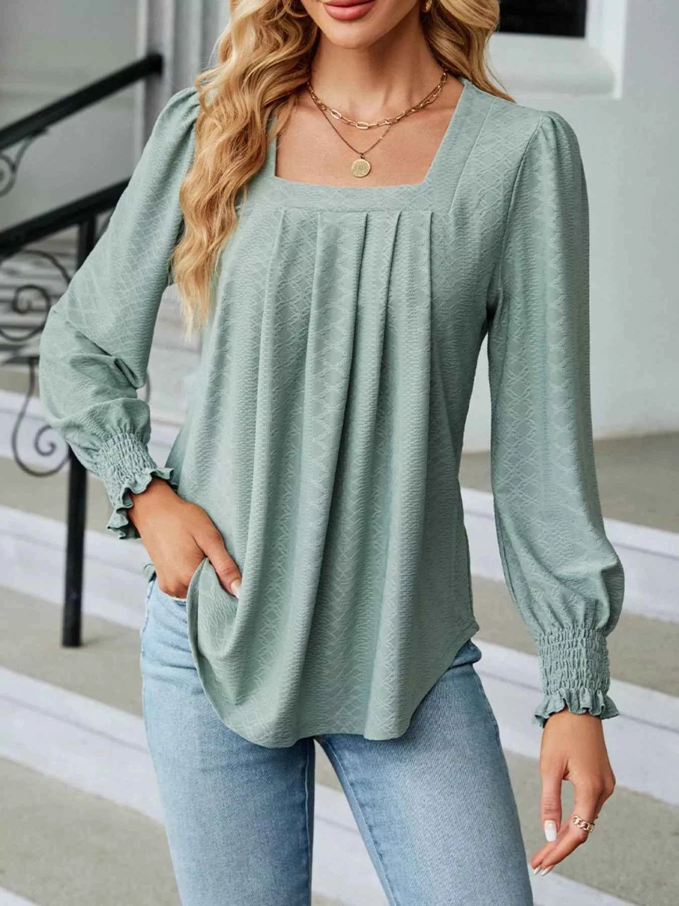 Pleated Square Neck Long Sleeve Top Sage dc4a1f2f-f270-42ae-a2ec-7b03d3cb1284-Max-Origin