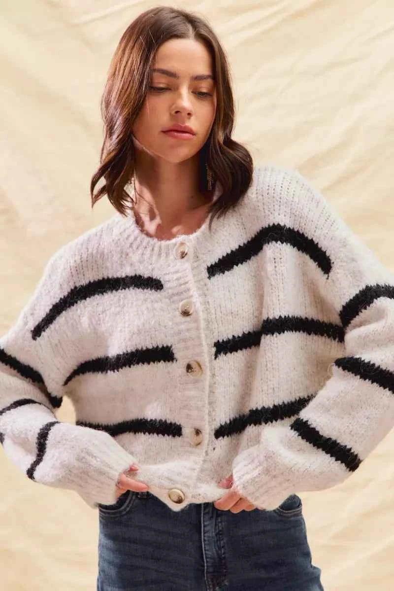 SO ME Stripe Soft Touch Button Cozy Sweater Cardigan