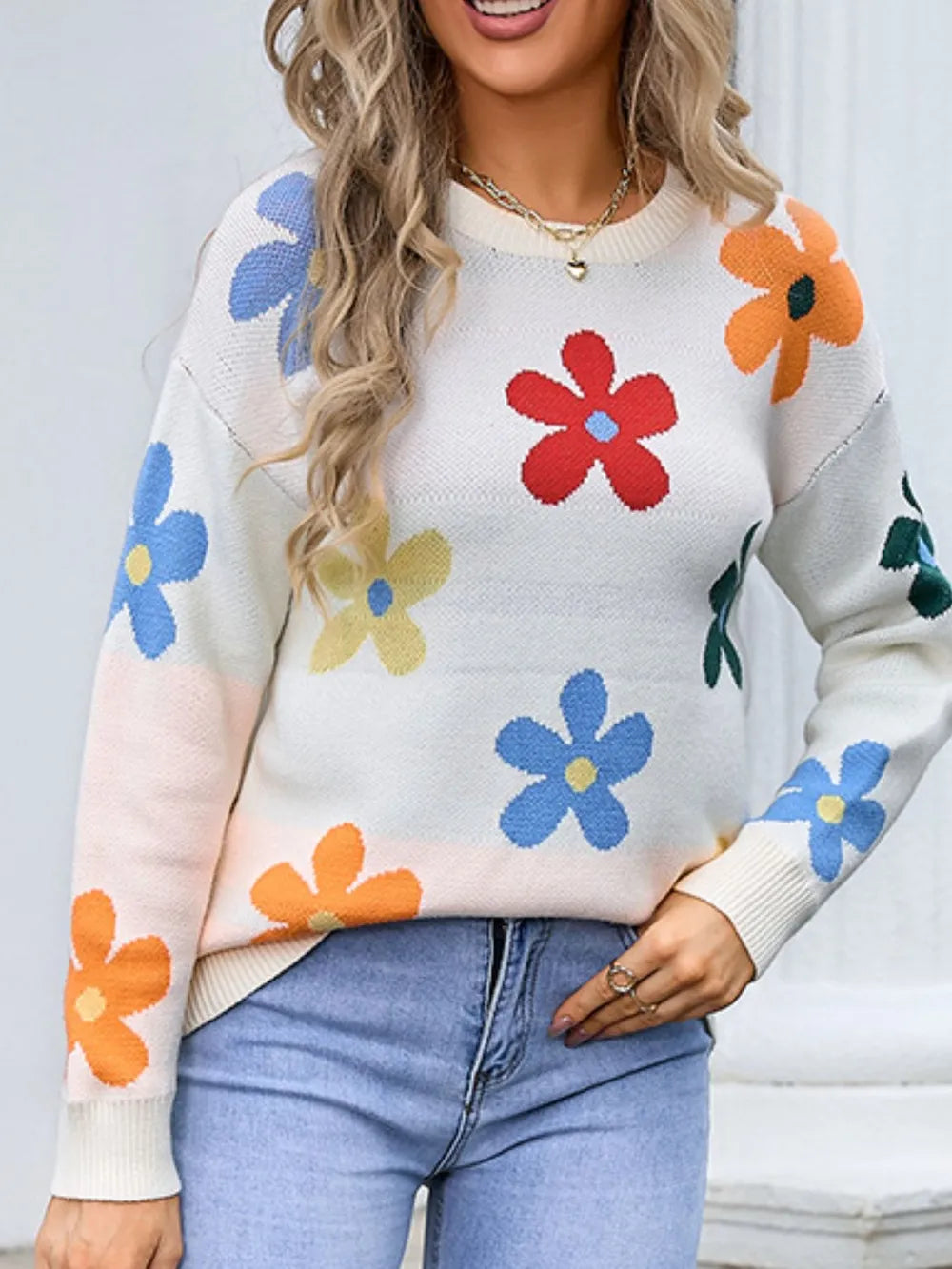 Angel Wings Flower Round Neck Long Sleeve Sweater White dcc32fff-86d5-4341-a9a8-2a57ab574bda-Max