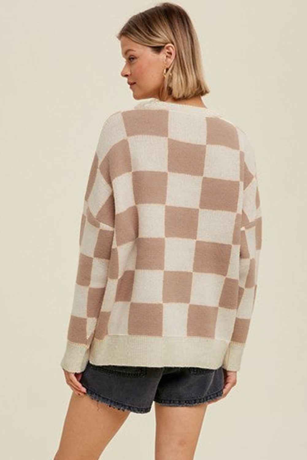 Parchment Checkered Pattern Ribbed Trim Knit Baggy Sweater