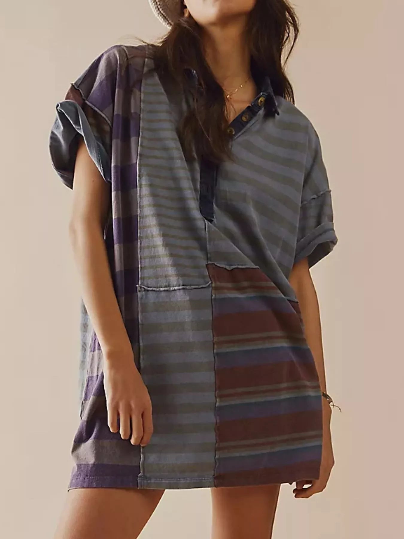 Striped Oversized Half Button Shirt Dress Blue-purple Stripes dda012cd-9a22-46cc-8385-4f48525718c2-Max-Origin