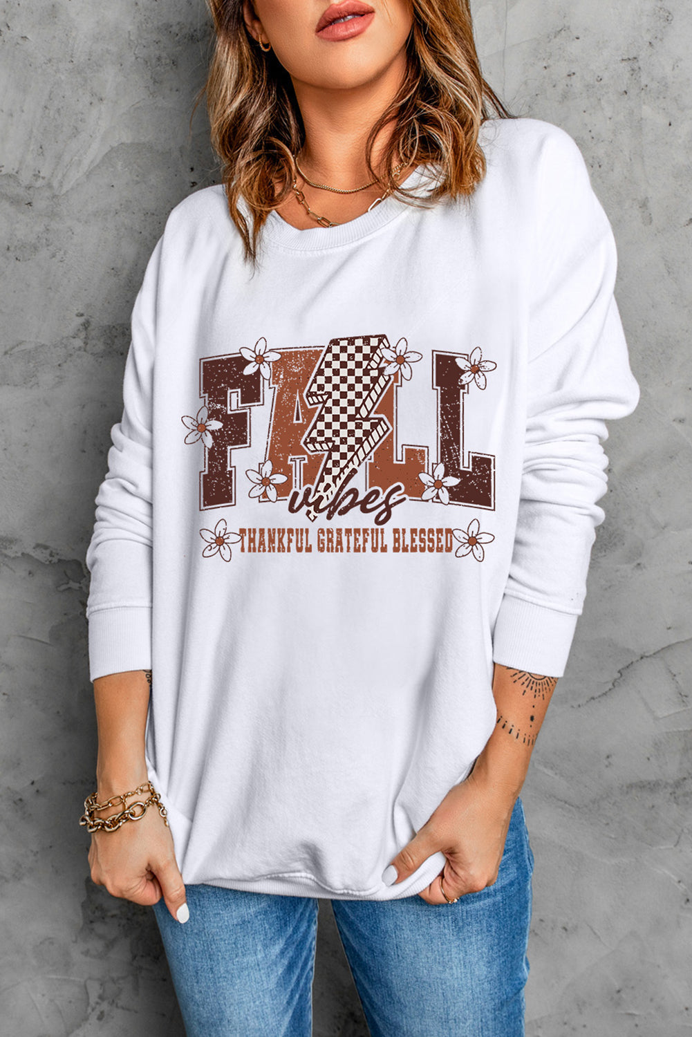 White FALL THANKFUL GRATEFUL BLESSED Heat Transfer Printing Graphic Drop Shoulder Sweatshirt ddbdb58bcc340690