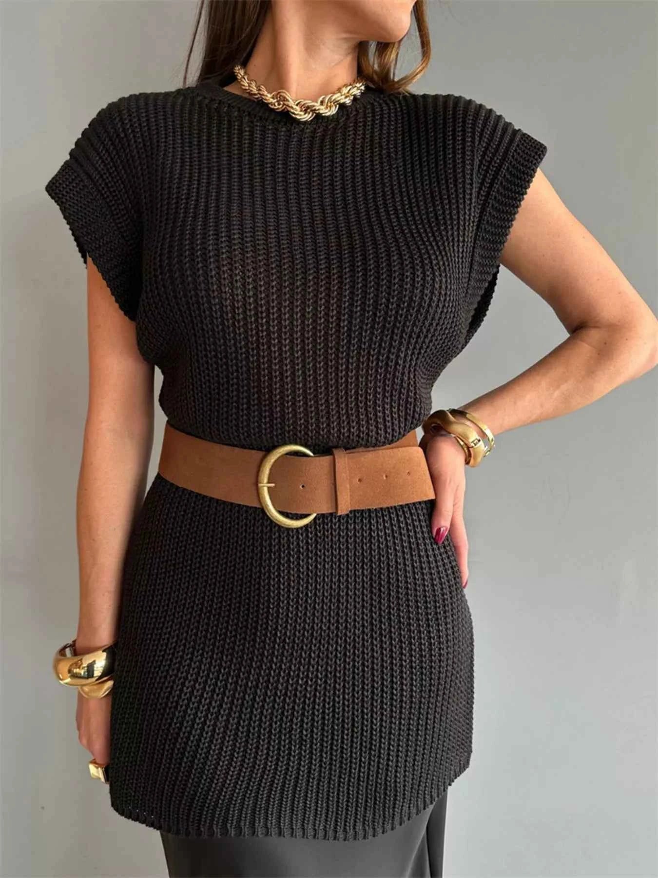 Round Neck Cap Sleeve Sweater Dress Black ddbf9cf13bc141d5a1c58ae3e4b0af82-Max-Origin
