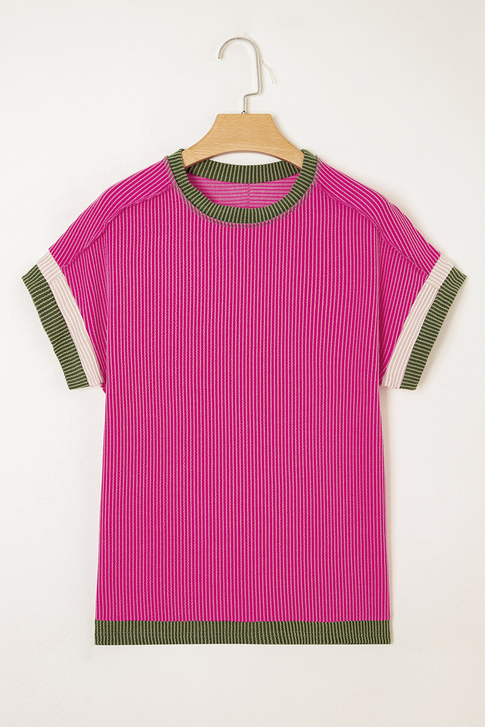 Rose Red Textured Colorblock Round Neck T Shirt ddc6e236acfaf846