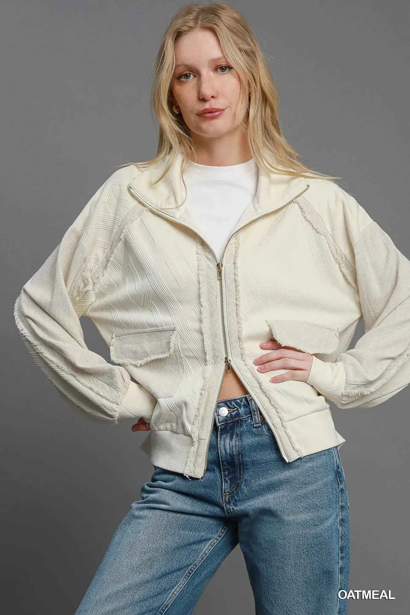 Umgee Two-Way Jacquard Zip-Up Jacket OATMEAL ddceff46-b85f-48d0-8b78-a9f53ce7213c-Max-Origin