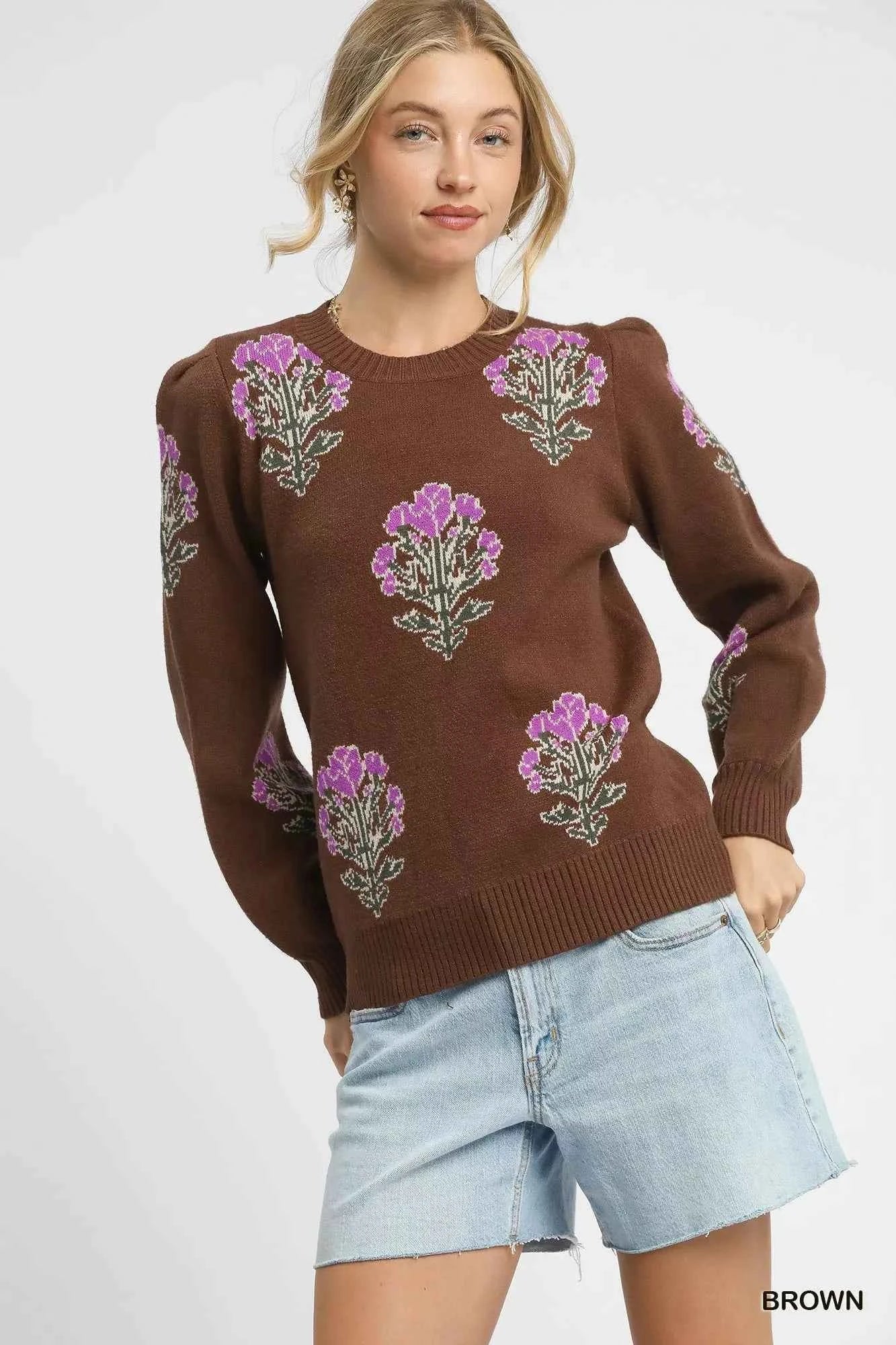 Umgee Single Flower Stem Jacquard Sweater Brown ddd3497b-ea6b-4515-84de-de489cb85573-Max-Origin