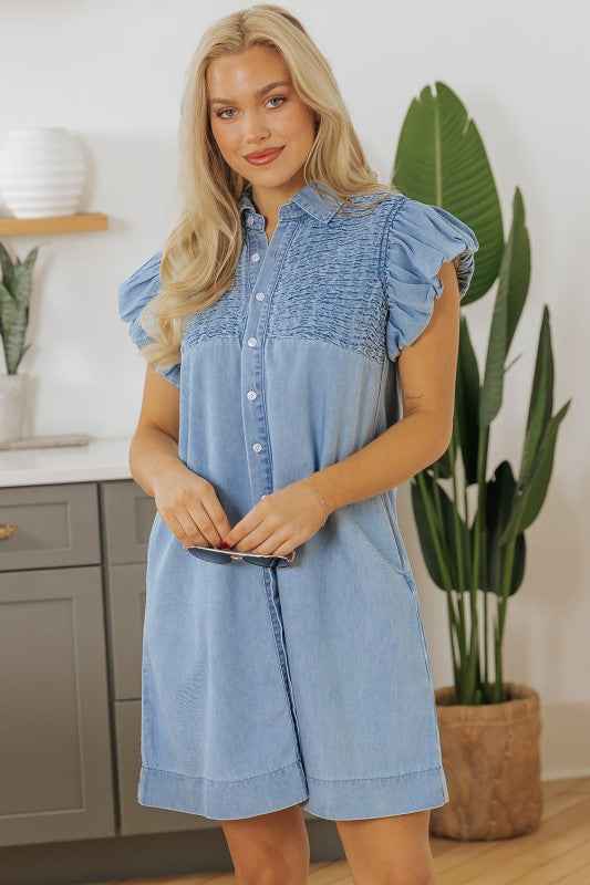 Vanessa Flutter Sleeve Button Up Denim Dress de2cc608-30f0-4e86-9101-b2678c4d6861