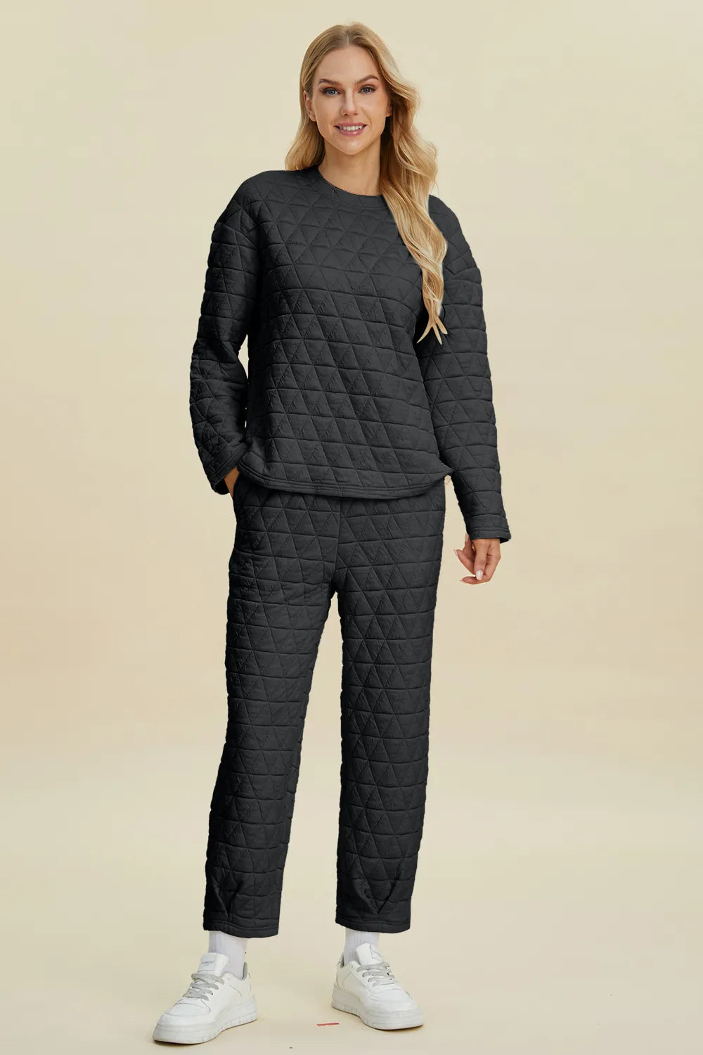 Double Take Full Size Texture Round Neck Long Sleeve Top and Pants Set Black de8b8f67-219e-44a9-9365-b6414167fede-Max