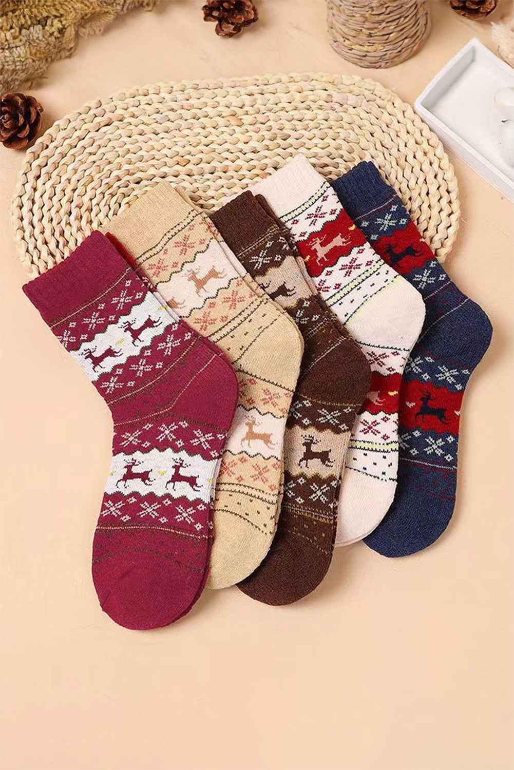 Parchment 5 Pairs Christmas Reindeer Print Socks Set Parchment ONE SIZE Cotton de972a1dc9cad09f